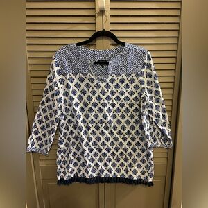 Talbots Navy and White Patterned Blouse